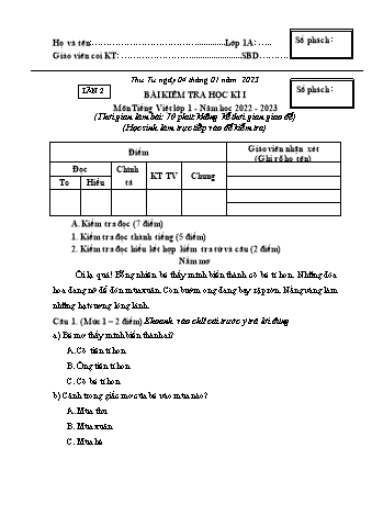 Đề kiểm tra học kì I Tiếng Việt 1 - Lần 2 - Năm học 2022-2023 - Trường Tiểu học Ngô Gia Tự (Có đáp án + Ma trận)