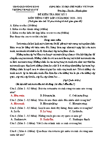 Đề kiểm tra học kì I Tiếng Việt 3 - Đề 4 - Năm học 2020-2021 - Trường Tiểu học Ngô Gia Tự (Có đáp án + Ma trận)