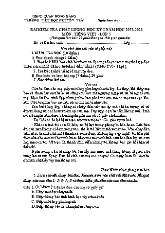 Đề kiểm tra học kì I Tiếng Việt 5 - Năm học 2022-2023 - Trường Tiểu học Nguyễn Trãi (Có đáp án)