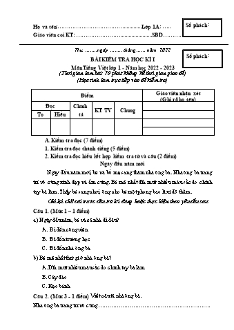 Đề kiểm tra học kì I Tiếng Việt Lớp 1 - Năm học 2022-2023 - Trường Tiểu học Ngô Gia Tự (Có đáp án + Ma trận)