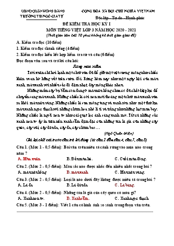 Đề kiểm tra học kì I Tiếng Việt Lớp 3 - Năm học 2020-2021 - Trường Tiểu học Ngô Gia Tự (Có đáp án)