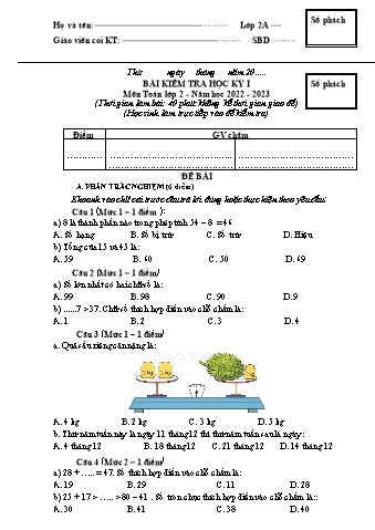 Đề kiểm tra học kì I Toán 2 - Năm học 2022-2023 - Trường Tiểu học Ngô Gia Tự (Có đáp án + Ma trận)