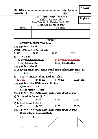 Đề kiểm tra học kì I Toán 3 - Đề 2 - Năm học 2020-2021 - Trường Tiểu học Ngô Gia Tự (Có đáp án + Ma trận)