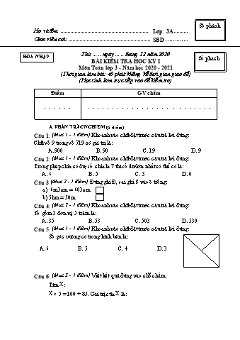 Đề kiểm tra học kì I Toán 3 - Năm học 2020-2021 - Trường Tiểu học Ngô Gia Tự (Có đáp án)