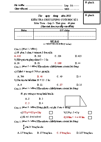 Đề kiểm tra học kì I Toán 3 - Năm học 2022-2023 - Trường Tiểu học Ngô Gia Tự (Có đáp án + Ma trận)
