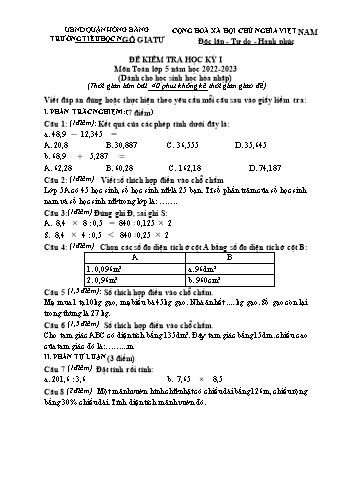 Đề kiểm tra học kì I Toán 5 (HSKT) - Năm học 2022-2023 - Trường Tiểu học Ngô Gia Tự (Có đáp án)