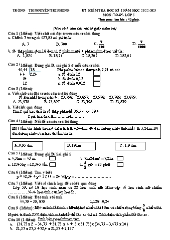 Đề kiểm tra học kì I Toán 5 - Năm học 2022-2023 - Trường Tiểu học Nguyễn Tri Phương
