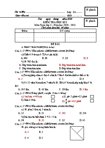 Đề kiểm tra học kì I Toán Lớp 3 - Năm học 2020-2021 - Trường Tiểu học Ngô Gia Tự (Có đáp án)