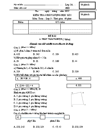 Đề kiểm tra học kì I Toán Lớp 3 - Năm học 2022-2023 - Trường Tiểu học Ngô Gia Tự (Có đáp án)