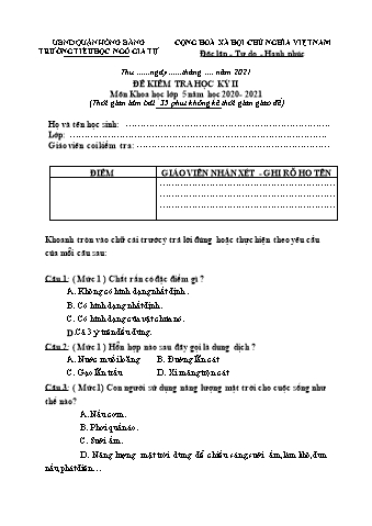Đề kiểm tra học kì II Khoa học 5 - Đề 3 - Năm học 2020-2021 - Trường Tiểu học Ngô Gia Tự (Có đáp án + Ma trận)