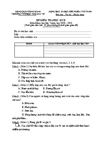 Đề kiểm tra học kì II Khoa học 5 - Năm học 2020-2021 - Trường Tiểu học Ngô Gia Tự (Có đáp án + Ma trận)