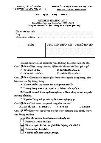 Đề kiểm tra học kì II Khoa học 5 - Năm học 2022-2023 - Trường Tiểu học Ngô Gia Tự (Có đáp án + Ma trận)