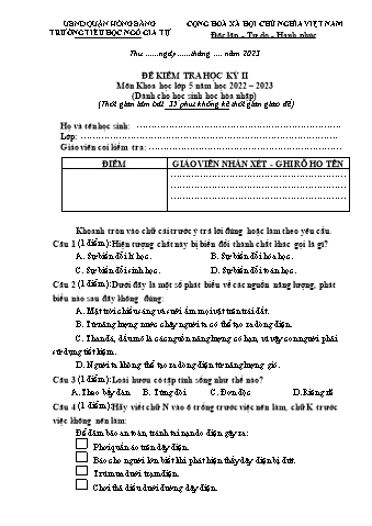 Đề kiểm tra học kì II Khoa học Lớp 5 - Năm học 2022-2023 - Trường Tiểu học Ngô Gia Tự (Có đáp án + Ma trận)