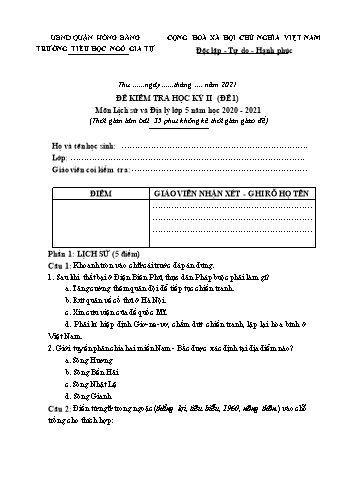Đề kiểm tra học kì II Lịch sử và Địa lí 5 - Đề 1 - Năm học 2020-2021 - Trường Tiểu học Ngô Gia Tự (Có đáp án + Ma trận)