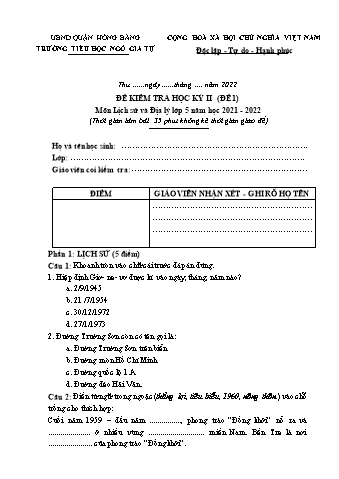 Đề kiểm tra học kì II Lịch sử và Địa lí 5 - Đề 1 - Năm học 2021-2022 - Trường Tiểu học Ngô Gia Tự (Có đáp án + Ma trận)
