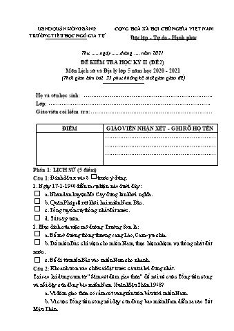 Đề kiểm tra học kì II Lịch sử và Địa lí 5 - Đề 2 - Năm học 2020-2021 - Trường Tiểu học Ngô Gia Tự (Có đáp án + Ma trận)