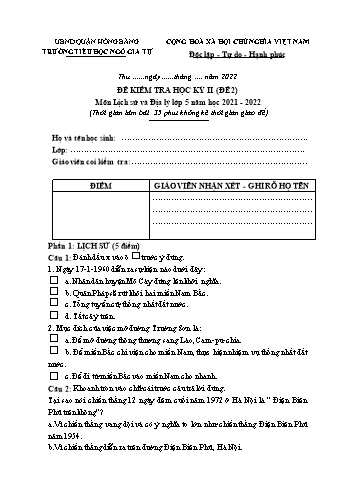 Đề kiểm tra học kì II Lịch sử và Địa lí 5 - Đề 2 - Năm học 2021-2022 - Trường Tiểu học Ngô Gia Tự (Có đáp án + Ma trận)