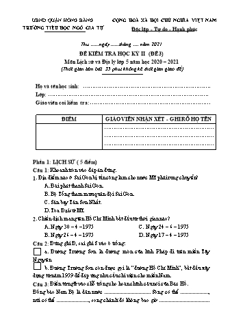 Đề kiểm tra học kì II Lịch sử và Địa lí 5 - Đề 3 - Năm học 2020-2021 - Trường Tiểu học Ngô Gia Tự (Có đáp án + Ma trận)