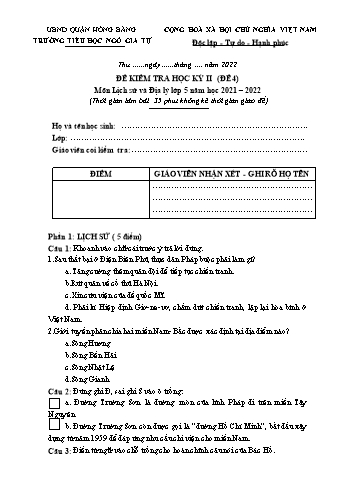 Đề kiểm tra học kì II Lịch sử và Địa lí 5 - Đề 4 - Năm học 2021-2022 - Trường Tiểu học Ngô Gia Tự (Có đáp án + Ma trận)