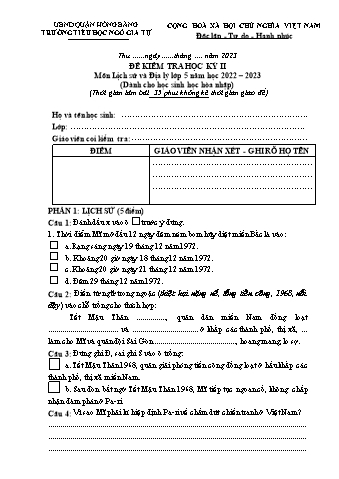 Đề kiểm tra học kì II Lịch sử và Địa lí Lớp 5 - Năm học 2022-2023 - Trường Tiểu học Ngô Gia Tự (Có đáp án + Ma trận)