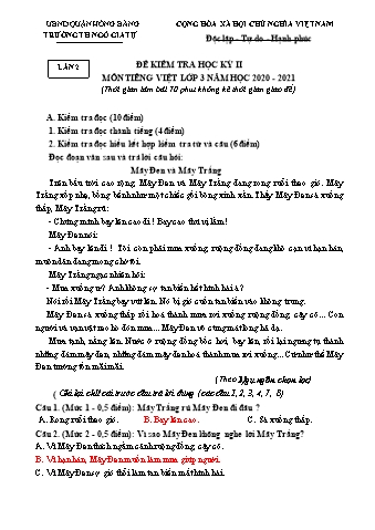 Đề kiểm tra học kì II Tiếng Việt 3 - Lần 2 - Năm học 2020-2021 - Trường Tiểu học Ngô Gia Tự (Có đáp án)