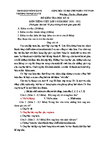 Đề kiểm tra học kì II Tiếng Việt Lớp 3 - Đề số 2 - Năm học 2020-2021 - Trường Tiểu học Ngô Gia Tự (Có đáp án)