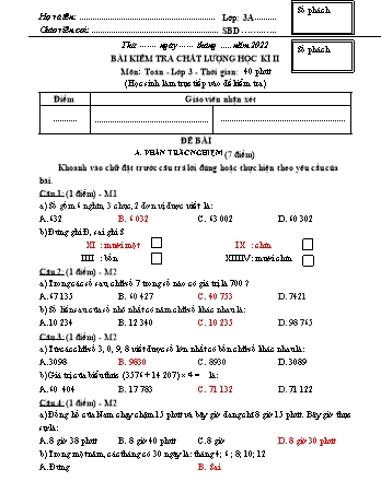 Đề kiểm tra học kì II Toán 3 - Đề 1 - Năm học 2021-2022 - Trường Tiểu học Ngô Gia Tự (Có đáp án + Ma trận)