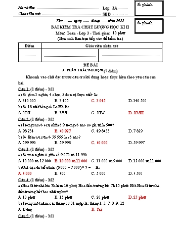 Đề kiểm tra học kì II Toán 3 - Đề 3 - Năm học 2021-2022 - Trường Tiểu học Ngô Gia Tự (Có đáp án + Ma trận)