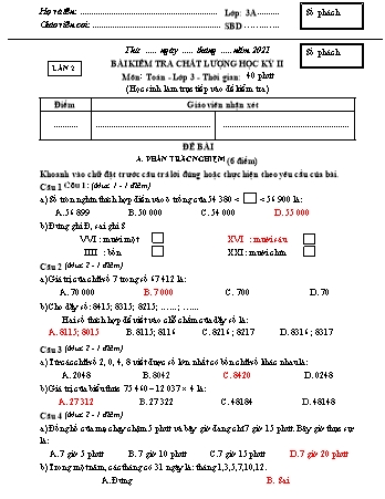 Đề kiểm tra học kì II Toán 3 - Lần 2 - Năm học 2020-2021 - Trường Tiểu học Ngô Gia Tự (Có đáp án)