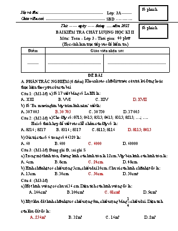 Đề kiểm tra học kì II Toán 3 - Năm học 2020-2021 (Có đáp án + Ma trận)