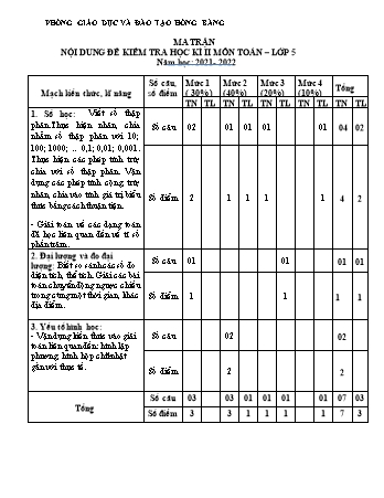 Đề kiểm tra học kì II Toán 5 - Đề 3 - Năm học 2021-2022 - Trường Tiểu học Ngô Gia Tự (Có đáp án + Ma trận)