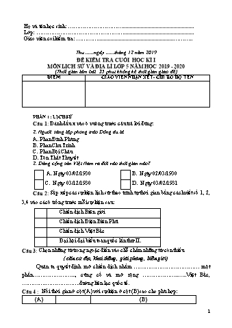 Đề kiểm tra Lịch sử và Địa lí 5 cuối học kì I - Năm học 2019-2020 (Có đáp án + Ma trận)