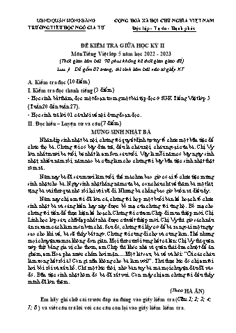 Đề kiểm tra môn Tiếng Việt 5 giữa học kì II - Năm học 2022-2023 - Trường Tiểu học Ngô Gia Tự (Có đáp án + Ma trận)