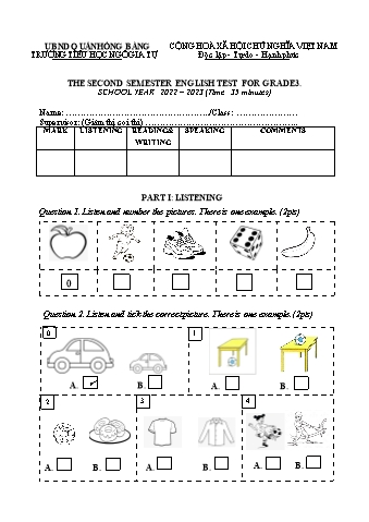 Đề kiểm tra Tiếng Anh Lớp 3 - Năm học 2022-2023 - Trường Tiểu học Ngô Gia Tự (Có đáp án + Ma trận)