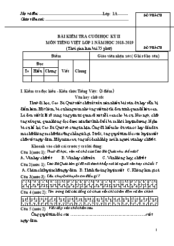 Đề kiểm tra Tiếng Việt 1 - Học kì II - Năm học 2018-2019 - Trường Tiểu học Ngô Gia Tự (Có đáp án + Ma trận)