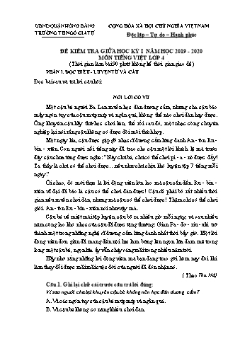 Đề kiểm tra Tiếng Việt 4 giữa học kì I - Đề 1 - Năm học 2019-2020 - Trường Tiểu học Ngô Gia Tự (Có đáp án + Ma trận)