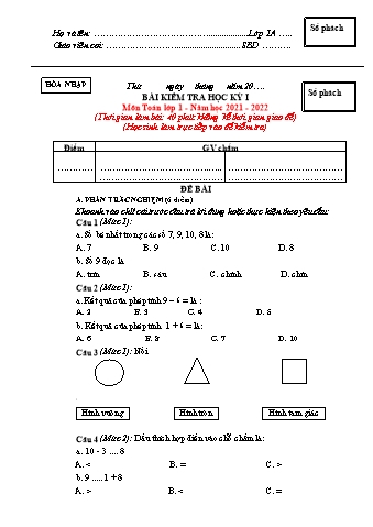 Đề kiểm tra Toán 1 - Học kì I - Năm học 2021-2022 - Trường Tiểu học Ngô Gia Tự (Có đáp án)