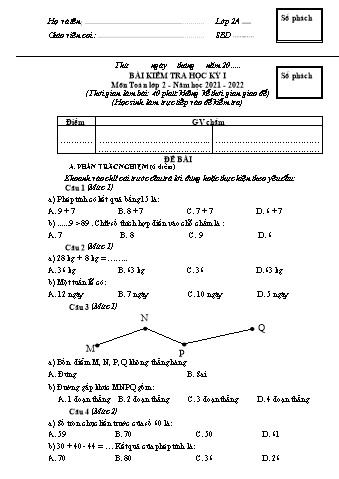 Đề kiểm tra Toán 2 - Học kì I - Năm học 2021-2022 - Trường Tiểu học Ngô Gia Tự (Có đáp án)