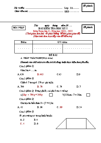 Đề kiểm tra Toán 3 - Học kì I - Năm học 2021-2022 - Trường Tiểu học Ngô Gia Tự (Có đáp án)