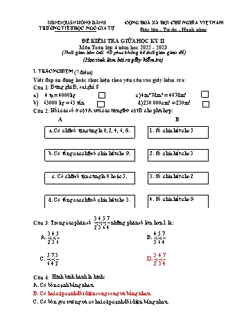 Đề kiểm tra Toán 4 giữa học kì II - Năm học 2022-2023 - Trường Tiểu học Ngô Gia Tự (Có đáp án)