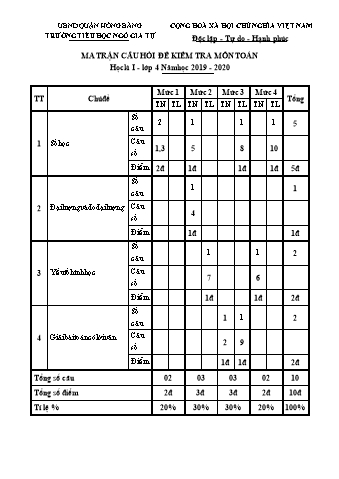 Đề kiểm tra Toán 4 - Học kì I - Đề 3 - Năm học 2019-2020 - Trường Tiểu học Ngô Gia Tự (Có đáp án + Ma trận)