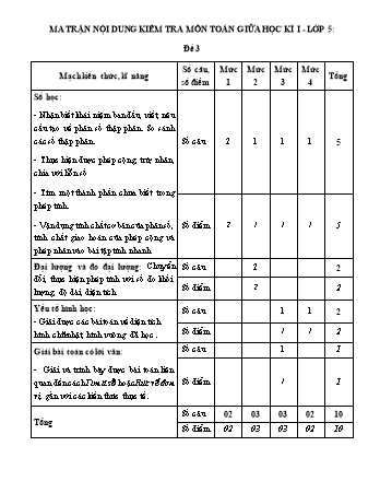 Đề kiểm tra Toán 5 giữa học kì I - Đề 3 - Năm học 2020-2021 - Trường Tiểu học Ngô Gia Tự (Có đáp án + Ma trận)