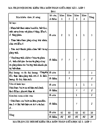 Đề kiểm tra Toán 5 giữa học kì I - Đề 4 - Năm học 2020-2021 - Trường Tiểu học Ngô Gia Tự (Có đáp án + Ma trận)